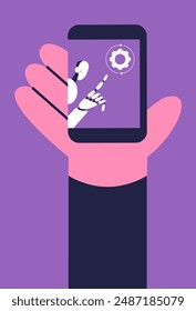 System update app. Character programmer update the operating system. System maintenance, software and program updates, technology. Flat vector illustration.