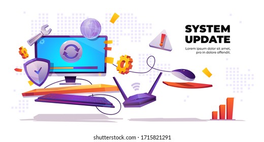 System update banner, computer software install process, improvement, change new version, upgrade program. Data network installation, desktop with wrench, shield, router Cartoon vector poster template