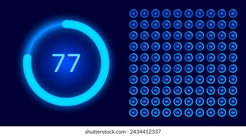 System Update Blue Glow-Anzeige. Fortschrittsleiste Rundkreis. 0 bis 100 Prozentmeter. UI, Benutzeroberflächenelement. Die Prozesskreissymbole werden heruntergeladen. Vektorgrafik.