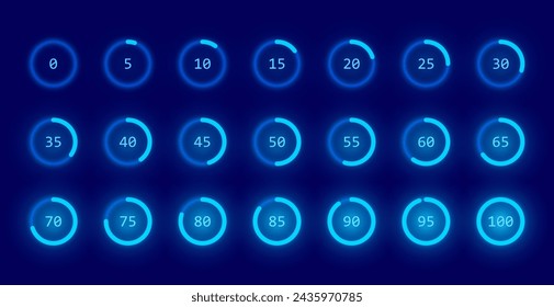 System Update Blue Glow-Anzeige. Fortschrittsleiste Rundkreis. 0 bis 100 Prozentmeter. UI, Benutzeroberflächenelement. Die Prozesskreissymbole werden heruntergeladen. Vektorgrafik.