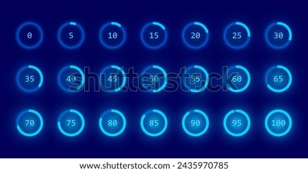 System Update Blue Glow Indicator. Round Circle Progress Bar. 0 to 100 Percentage Meter. UI, User Interface Element. Downloading Process Circle Icons Set. Vector illustration.