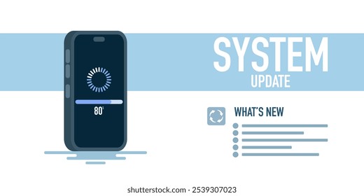 El concepto de Actualizar del sistema mejora el rendimiento. Estabilidad y seguridad mediante la corrección de errores y la adición de nuevas características para los teléfonos inteligentes. Los Actualizar de aplicaciones se descargan de la nube, Ilustración vectorial.