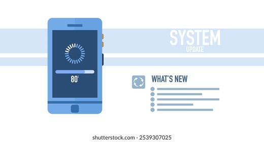 El concepto de Actualizar del sistema mejora el rendimiento. Estabilidad y seguridad mediante la corrección de errores y la adición de nuevas características para los teléfonos inteligentes. Los Actualizar de aplicaciones se descargan de la nube, Ilustración vectorial.