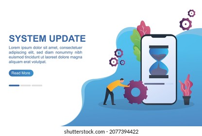 System update concept with the person pushing the gear.