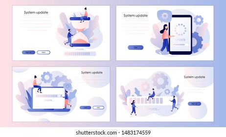 System update concept. Screen template for mobile smart phone, landing page, template, ui, web, mobile app, poster, banner, flyer. Modern flat cartoon style. Vector illustration