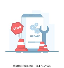 System update concept, smartphone software update screen, System maintenance, software installation process, operating system. Software update and installation program. Flat design illustration.