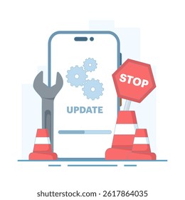 System update concept, smartphone software update screen, System maintenance, software installation process, operating system. Software update and installation program. Flat design illustration.