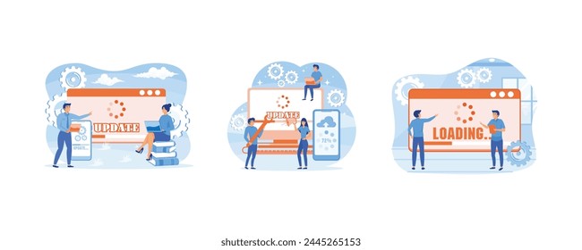 System update concept. System updates with people updating operation in computing and installation programs. Showing people update operating system. Set flat vector modern illustration