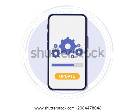 System Update. The concept of updating the system software. The download process on the smartphone screen. Improvement version software. Installing process, for landing page, ui, app, banner template