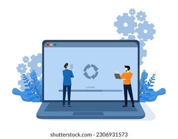 System Update concept,with people updating operating system, updating computer software. Perfect for landing page, ui, web, app intro card, editorial, flyer and banner, Vector Illustration.