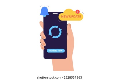 El Actualizar del sistema mejora el rendimiento. Estabilidad y seguridad mediante la corrección de errores y la adición de nuevas características para los teléfonos inteligentes. Los Actualizar del App se descargan de la nube, Ilustración vectorial fácil de la instalación