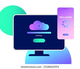 El Actualizar del sistema mejora el rendimiento. Estabilidad y seguridad mediante la corrección de errores y la adición de nuevas características para smartphone y PC. Los Actualizar del App se descargan de la nube, Ilustración vectorial fácil de la instalación