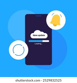 System update enhances performance. Stability and security by fixing bugs and adding new features for smartphones. App updates are downloaded from the cloud, easy installation vector illustration