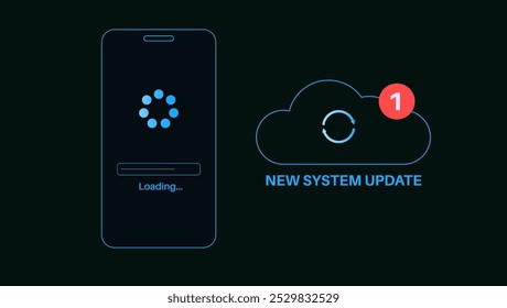 A atualização do sistema melhora o desempenho. Estabilidade e segurança, corrigindo bugs e adicionando novos recursos para smartphones. As atualizações de aplicativos são baixadas da nuvem, fácil instalação ilustração de vetor