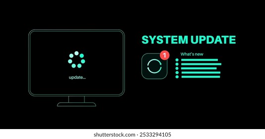 El Actualizar del sistema mejora el rendimiento. Estabilidad y seguridad mediante la corrección de errores y la adición de nuevas características para los ordenadores. Los Actualizar del App se descargan de la nube al PC, Ilustración vectorial fácil de la instalación.