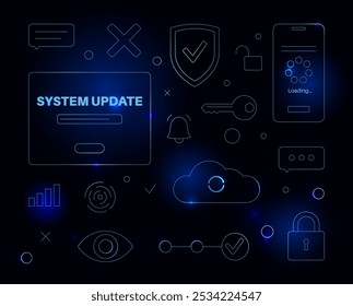 El Actualizar del sistema mejora el rendimiento. Estabilidad y seguridad mediante la corrección de errores, la optimización de la funcionalidad, la adición de nuevas características. Los Actualizar del App se descargan de la nube, Ilustración vectorial fácil de la instalación