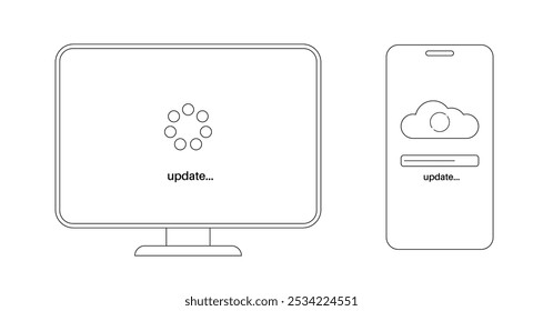 El Actualizar del sistema mejora el rendimiento. Estabilidad y seguridad mediante la corrección de errores y la adición de nuevas características para smartphone y PC. Los Actualizar del App se descargan de la nube, Ilustración vectorial fácil de la instalación