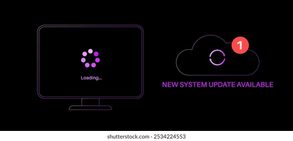 El Actualizar del sistema mejora el rendimiento. Estabilidad y seguridad mediante la corrección de errores y la adición de nuevas características para los ordenadores. Los Actualizar del App se descargan de la nube al PC, Ilustración vectorial fácil de la instalación.