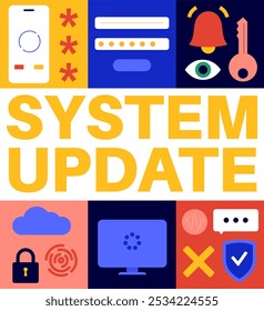 El Actualizar del sistema mejora el rendimiento. Estabilidad y seguridad mediante la corrección de errores, la optimización de la funcionalidad, la adición de nuevas características. Los Actualizar del App se descargan de la nube, Ilustración vectorial fácil de la instalación