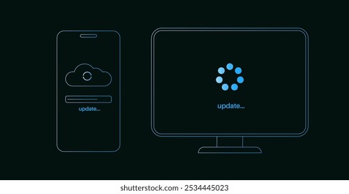 El Actualizar del sistema mejora el rendimiento. Estabilidad y seguridad mediante la corrección de errores y la adición de nuevas características para smartphone y PC. Los Actualizar del App se descargan de la nube, Ilustración vectorial fácil de la instalación