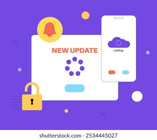 El Actualizar del sistema mejora el rendimiento. Estabilidad y seguridad mediante la corrección de errores y la adición de nuevas características para smartphone y PC. Los Actualizar del App se descargan de la nube, Ilustración vectorial fácil de la instalación