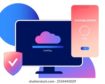 El Actualizar del sistema mejora el rendimiento. Estabilidad y seguridad mediante la corrección de errores y la adición de nuevas características para smartphone y PC. Los Actualizar del App se descargan de la nube, Ilustración vectorial fácil de la instalación
