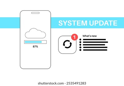 El Actualizar del sistema mejora el rendimiento. Estabilidad y seguridad mediante la corrección de errores y la adición de nuevas características para los teléfonos inteligentes. Los Actualizar del App se descargan de la nube, Ilustración vectorial fácil de la instalación