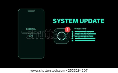 System update enhances performance. Stability and security by fixing bugs and adding new features for smartphones. App updates are downloaded from the cloud, easy installation vector illustration