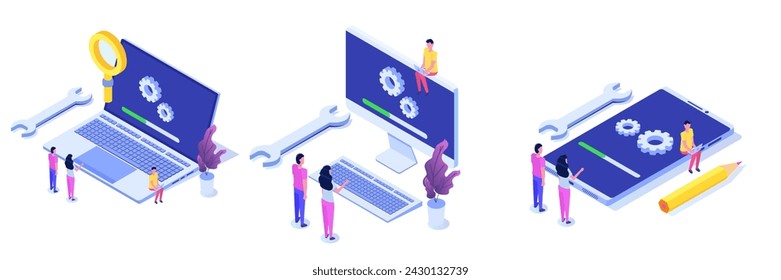 System update flat style concepts set, collection. Isometric Vector illustration  can use for, landing page, template, web, mobile app, poster, banner.