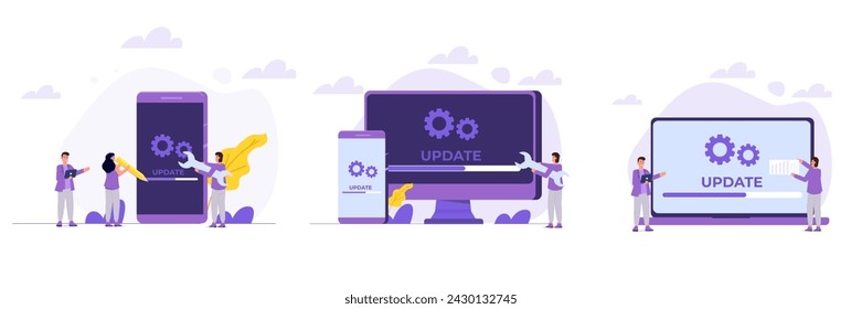 System update flat style concepts set, collection. Flat Vector illustration  can use for, landing page, template, web, mobile app, poster, banner.
