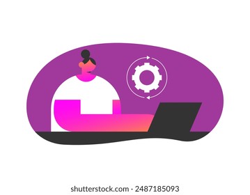 System update with girl. Character programmer update the operating system. System maintenance, software and program updates, technology. Flat vector illustration.