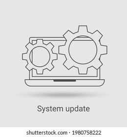 Icono de actualización del sistema.El concepto de soporte de producto digital.El proceso de descarga.Ilustración vectorial lineal.