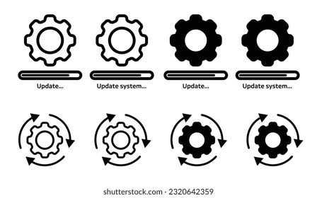 System update icon set. System operations icon set with gear sign. Work progress status pictogram vector. Os software maintenance symbol