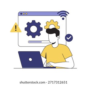 Systemaktualisierungsgrafik. Ein Mann, der einem Laptop-Aktualisierungssystem gegenübersteht. Isolierte Vektorgrafik für Banner, Poster, Präsentationen, Infografiken, Webs, Apps und andere Verwendungen. 