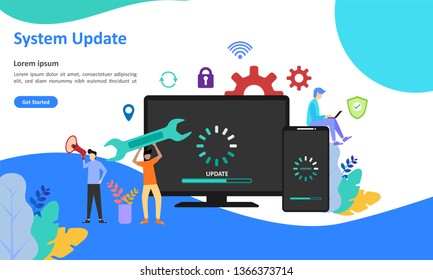 System Update Improvement Change New Version. Installing update process with people characters. Suitable for web landing page, ui, mobile app, banner template. Vector Illustration