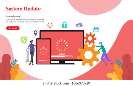 System Update Improvement Change New Version. Installing update process with people characters. Suitable for web landing page, ui, mobile app, banner template. Vector Illustration