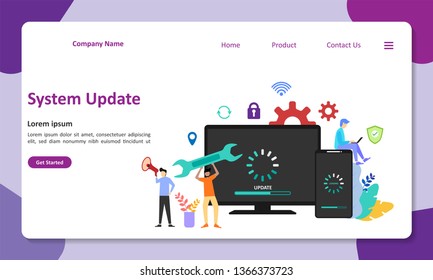 System Update Improvement Change New Version. Installing update process with people characters. Suitable for web landing page, ui, mobile app, banner template. Vector Illustration