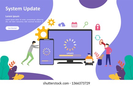 System Update Improvement Change New Version. Installing update process with people characters. Suitable for web landing page, ui, mobile app, banner template. Vector Illustration