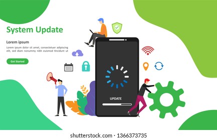 Mejora de la actualización del sistema Cambiar nueva versión. Instalando proceso de actualización con caracteres de personas. Apto para página de inicio web, ui, aplicación móvil, plantilla de banner. Ilustración vectorial