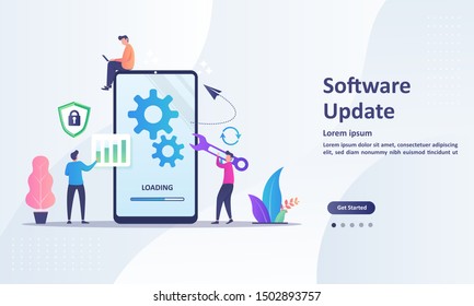 System Update Improvement Change New Version. Installing Update Process With People Characters Suitable For Web Landing Page, Ui, Mobile App, Banner Template. Vector Illustration