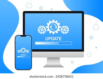 Mejora de la actualización del sistema Cambie la nueva versión del software. Instalación de proceso de actualización, programa de actualización, instalación de red de datos en la pantalla del ordenador y el teléfono. Ilustración de vector
