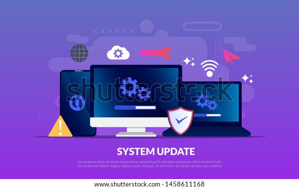 システム更新の改善新しいバージョンのソフトウェアの変更更新プロセス アップグレードプログラム データネットワークのインストール フラットアイコン ウェブ ランディングページ バナー ベクター画像テンプレートに適したインストール のベクター画像素材