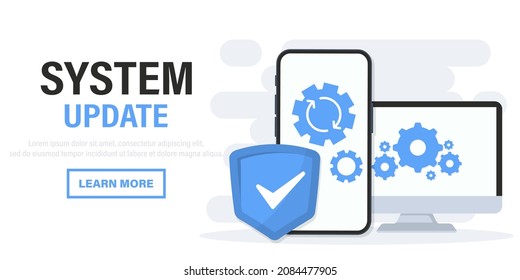 System Update. Installation of new Version software. Software update for computer, laptop and smartphone. Operating system support. Installing update process, upgrade program, data network