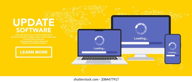 System Update. Installation of new Version software. Software update for computer, laptop and smartphone. Operating system support. Installing update process, upgrade program, data network