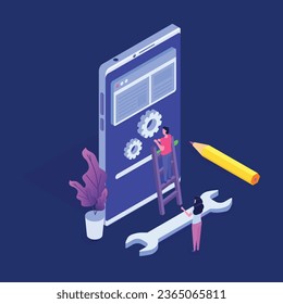 System update isometric concept People update operation system