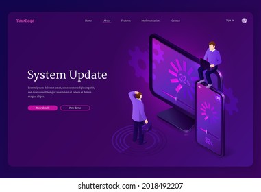 System Update Isometric Landing Page, Web Banner