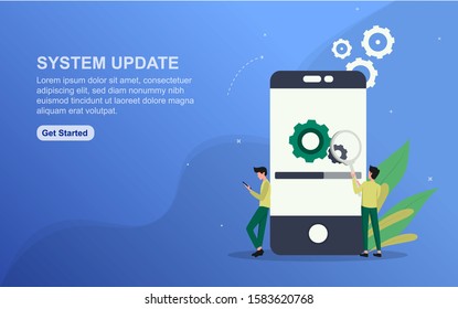 System update landing page template. Flat design concept of web page design for website.