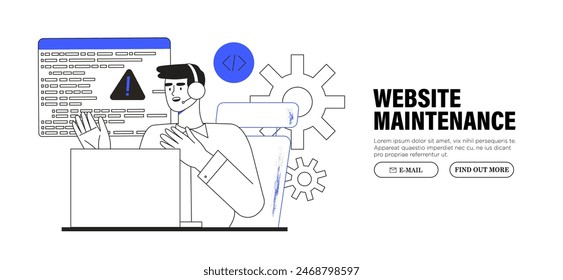 Actualizar del sistema o mantenimiento. Programador actualizando el sistema operativo o corrigiendo error o error del programa. Especialistas en TI actualizan software, programas y aplicaciones. Error técnico y Asistencia del servicio. 