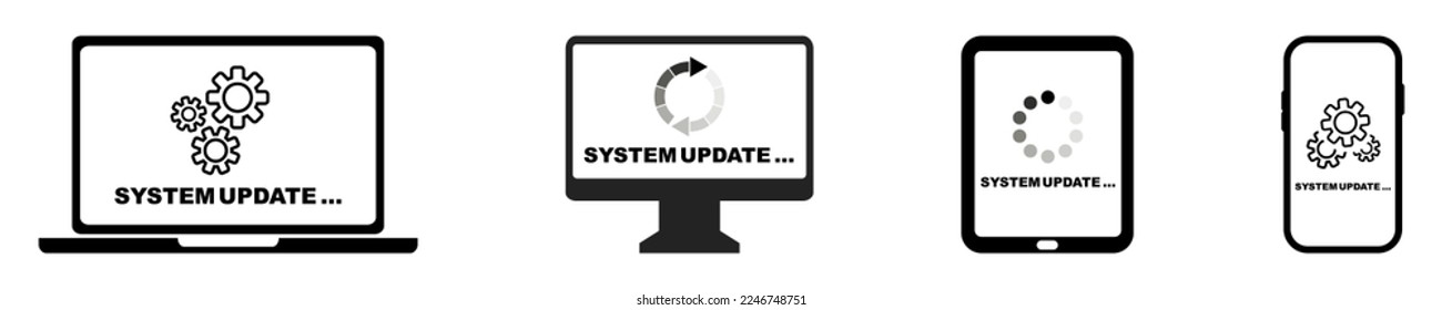 Actualización del sistema en dispositivos: portátil, teléfono, ordenador y tablet. Nueva actualización de instalación. Procesar el software de instalación. Iconos vectores.