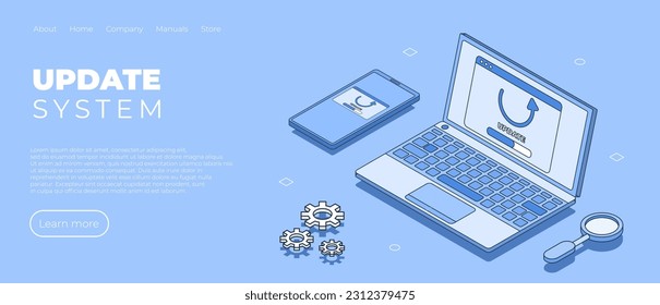 Actualización del sistema en el portátil y el teléfono. Página de inicio. Actualizar software en el dispositivo. Actualizar icono. Perfecto para diseño web, banner y presentación. Ilustración del vector
